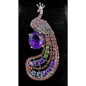 925 Sterling Crystal Peacock Pendant Necklace 2” Signed DK Bird Rhinestones